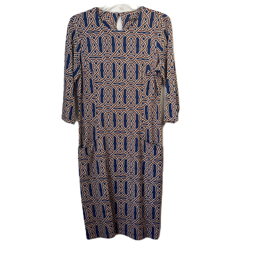 J. McLaughlin novelty print shift dress size M crew neck 3/4 sleeve pocket midi